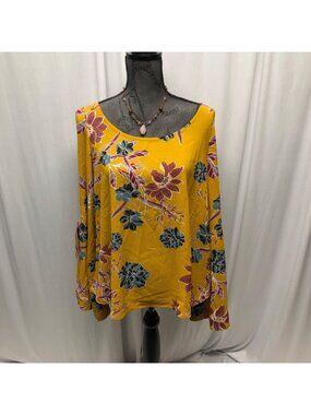 Shyanne Top Womens Size Large Mustard Yellow Floral Slit Bell Sleeve Western